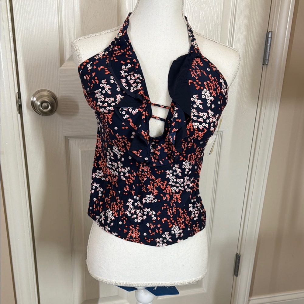 Chic Floral Halter Blouse - Navy and Coral 13512